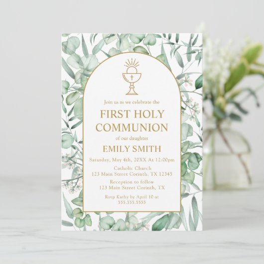 Invitación First Communion Eucalyptus leaves Kaart (Staand voorkant)