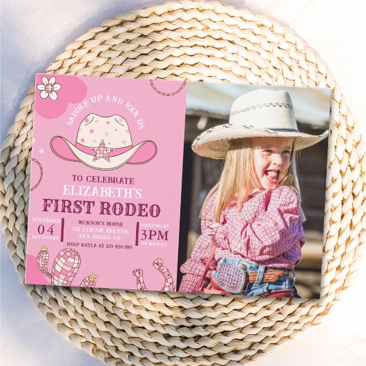 Invitación First Rodeo Birthday Girl Pink and whit Kaart