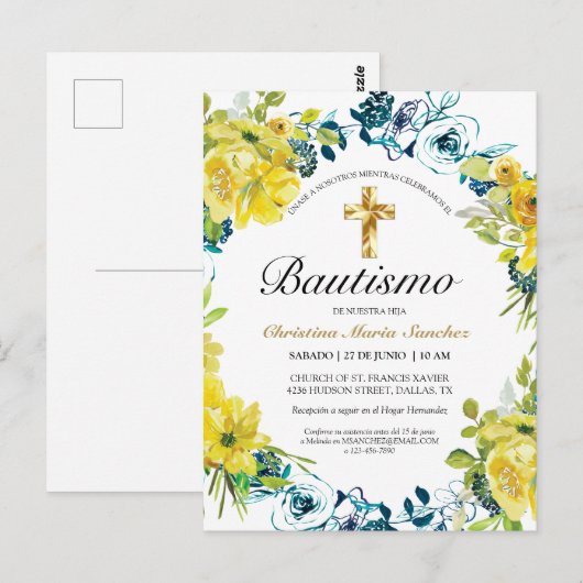 Invitación floral amarilla hermosa del bautismo briefkaart (Voorkant / Achterkant)