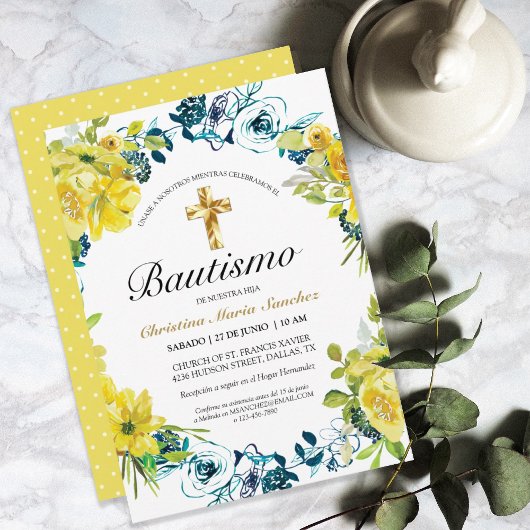 Invitación floral amarilla hermosa del bautismo kaart
