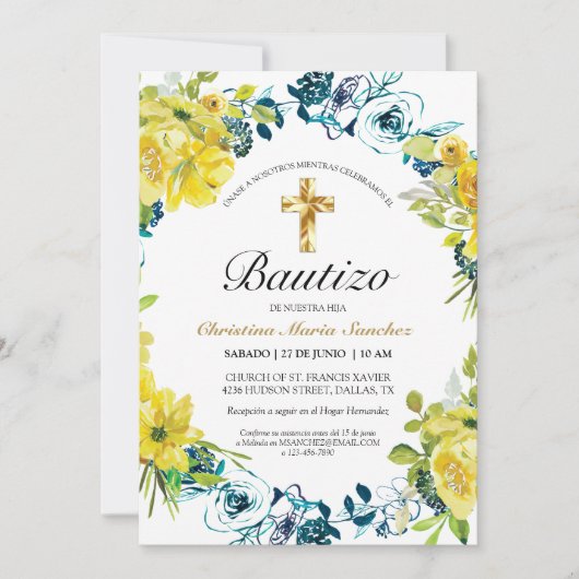 Invitación floral amarilla hermosa del bautismo kaart (Voorkant)