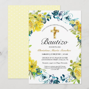 Invitación floral amarilla linda del bautismo kaart