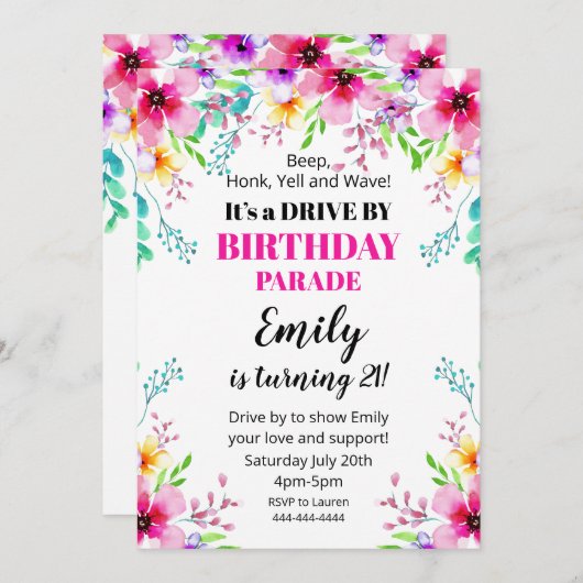 Invitación Floral Birthday Drive By Parade Invitat Kaart (Voorkant / Achterkant)