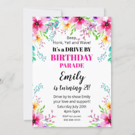 Invitación Floral Birthday Drive By Parade Invitat Kaart