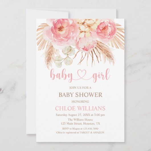 Invitación Floral pink Boho Pampas Baby Girl Invit Kaart (Voorkant)