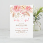 Invitación Floral pink Boho Pampas Baby Girl Invit Kaart (Staand voorkant)