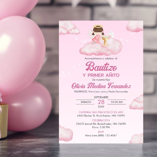 Invitacion Girl Angel Baptism and First Birthday Kaart