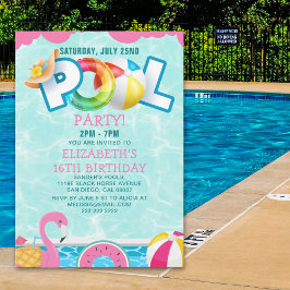 Invitación Girls Pool Party Birthday – Pink & Teal Kaart