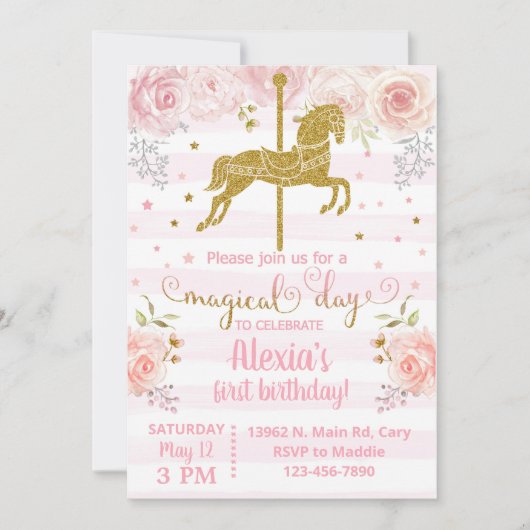 Invitación Gold carousel horse birthday invitation Kaart (Voorkant)