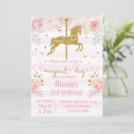 Invitación Gold carousel horse birthday invitation Kaart (Staand voorkant)