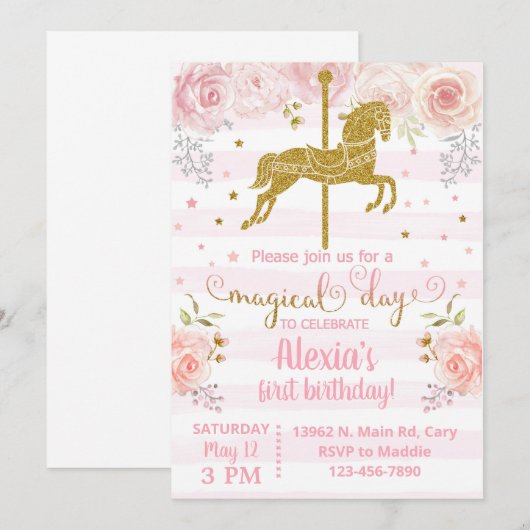 Invitación Gold carousel horse birthday invitation Kaart (Voorkant / Achterkant)