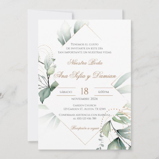 Invitación Greenery Spanish Wedding Invitation Kaart (Voorkant)