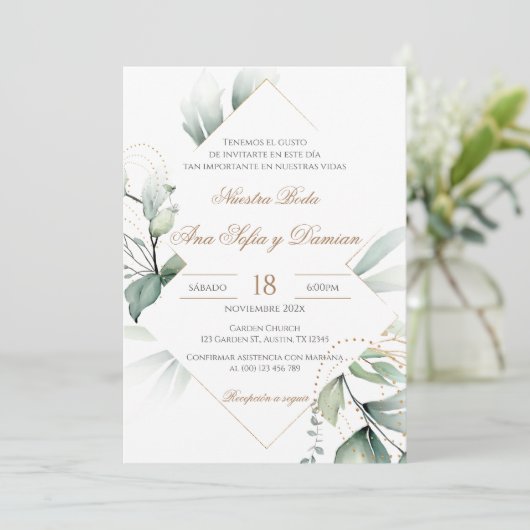 Invitación Greenery Spanish Wedding Invitation Kaart (Staand voorkant)