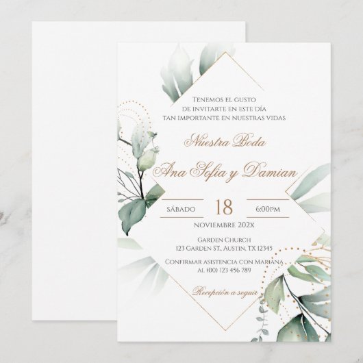 Invitación Greenery Spanish Wedding Invitation Kaart (Voorkant / Achterkant)