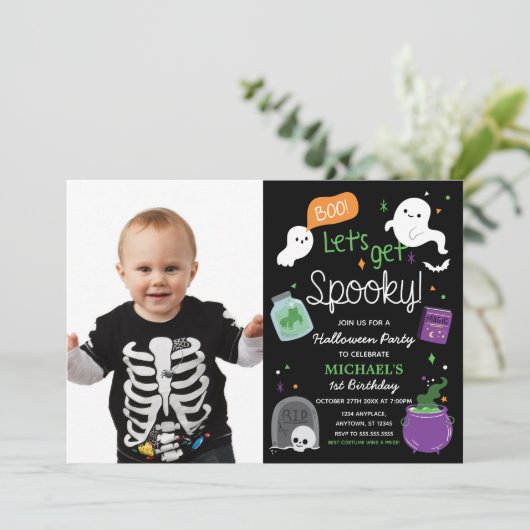 Invitación Halloween Party One Birthday photo Kaart (Staand voorkant)