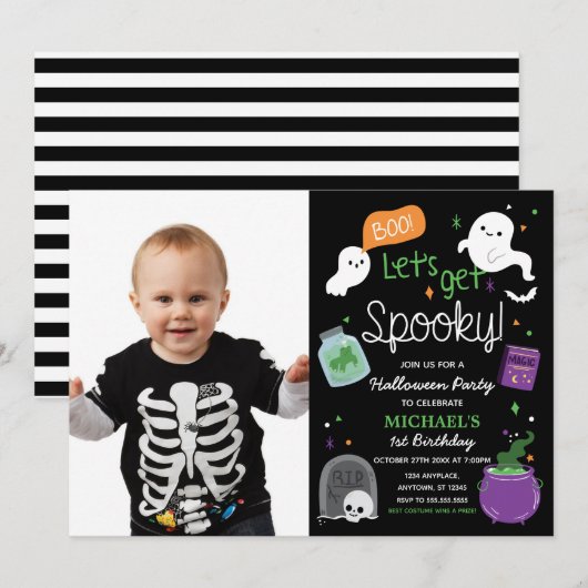Invitación Halloween Party One Birthday photo Kaart (Voorkant / Achterkant)