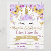 Invitación Lindo unicornio con flor lila y rosa Kaart (Voorkant)