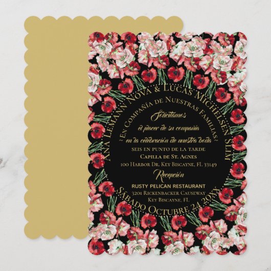 Invitación Matrimonio/Boda Floral Rosa-Rubor Negro Kaart (Voorkant / Achterkant)