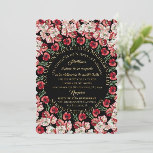 Invitación Matrimonio/Boda Floral Rosa-Rubor Negro Kaart (Staand voorkant)