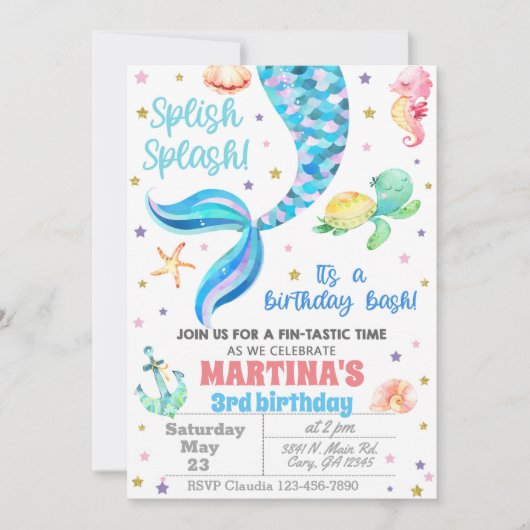 Invitación Mermaid birthday invitation, sea turtle Kaart (Voorkant)