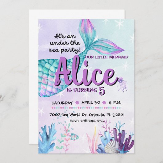 Invitación Mermaid invite for birthday parties Kaart (Voorkant / Achterkant)