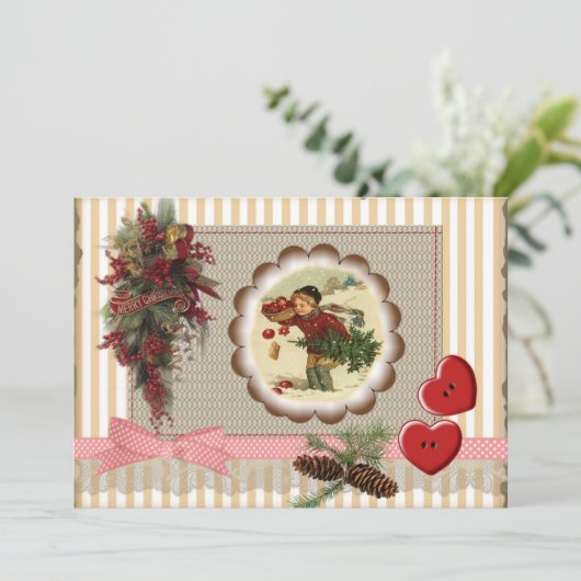 Invitación Navidad  estilo scrapbooking vintag Kaart (Staand voorkant)