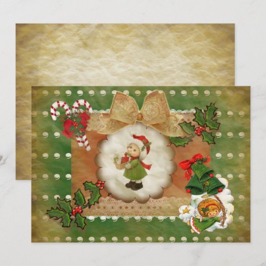 Invitación Navidad estilo scrapbooking vintag Kaart (Voorkant / Achterkant)