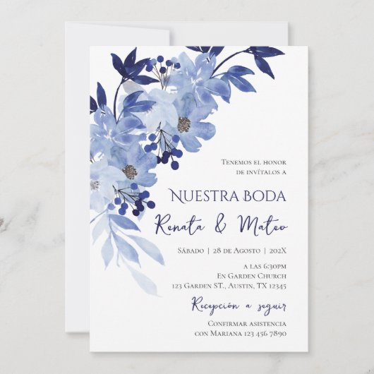 Invitación Navy Blue Spanish Wedding Invitation Kaart (Voorkant)