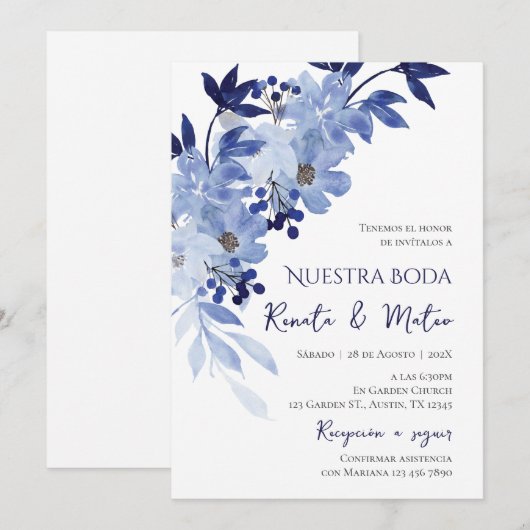Invitación Navy Blue Spanish Wedding Invitation Kaart (Voorkant / Achterkant)