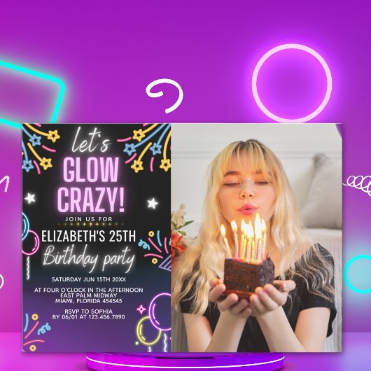 Invitación Neon Glow - Birthday Party with Photo Kaart