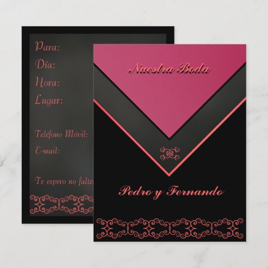 Invitación - Nuestra Boda - Negra, rosa y naranja Kaart (Voorkant / Achterkant)