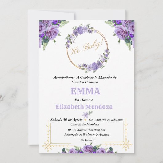 invitacion para Baby Shower con Flores purpura Kaart (Voorkant)