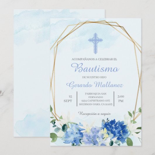 Invitación para bautismo con cruz para niño kaart (Voorkant / Achterkant)