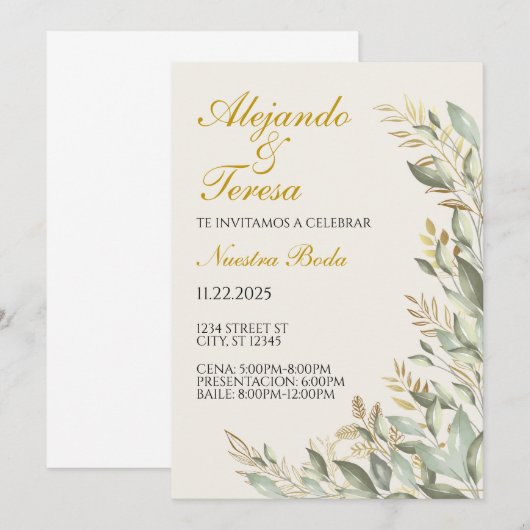 Invitacion Para Evento Verde Con Dorado (Voorkant / Achterkant)