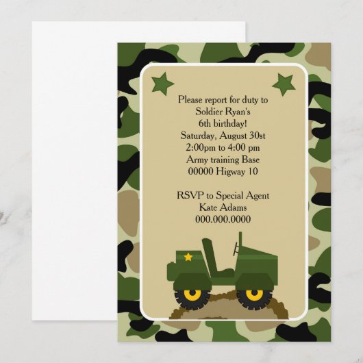 Invitacion para fiesta militar Soldado camuflage Kaart (Voorkant / Achterkant)