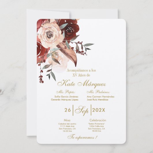 Invitación para xv años con flor kaart (Voorkant)