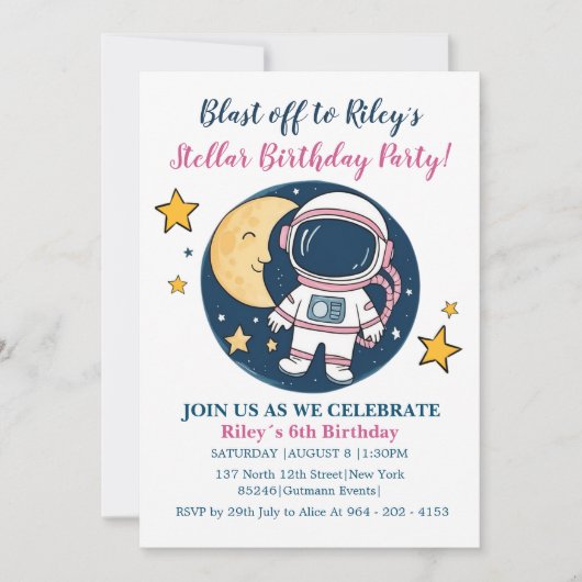 Invitación Pink Blue Cumpleaños Astronauta Fiesta Kaart (Voorkant)