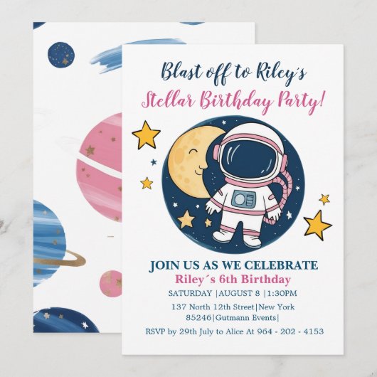 Invitación Pink Blue Cumpleaños Astronauta Fiesta Kaart (Voorkant / Achterkant)