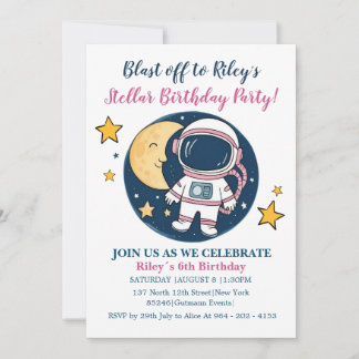 Invitación Pink Blue Cumpleaños Astronauta Fiesta Kaart