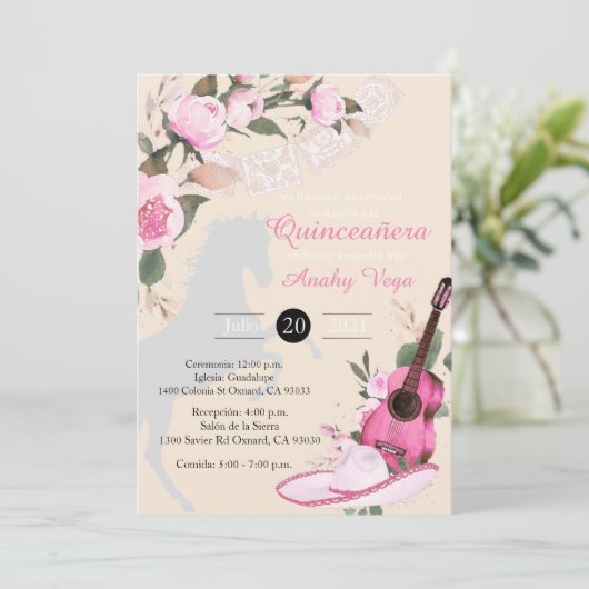Invitación Pink de Charro Mariachi en Oro Kaart (Staand voorkant)