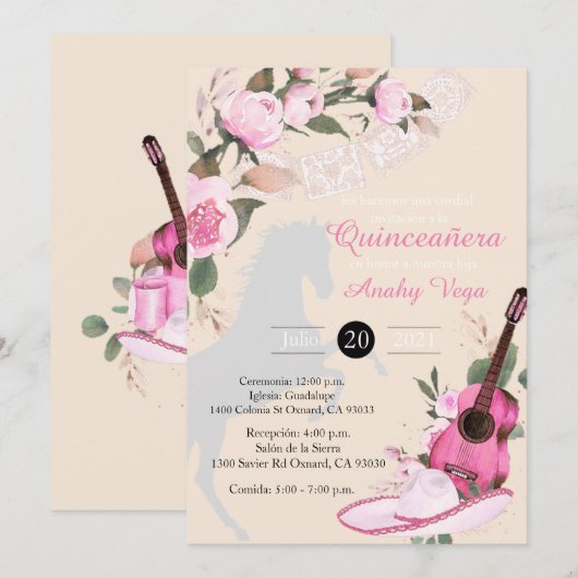 Invitación Pink de Charro Mariachi en Oro Kaart (Voorkant / Achterkant)