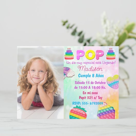 Invitación Pop It Niña Kaart (Staand voorkant)