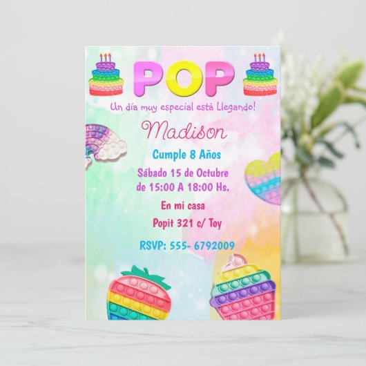 Invitación Pop It Niña Kaart (Staand voorkant)