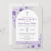 Invitacion Primera Communie Schattigee paarse bloe Kaart (Voorkant)