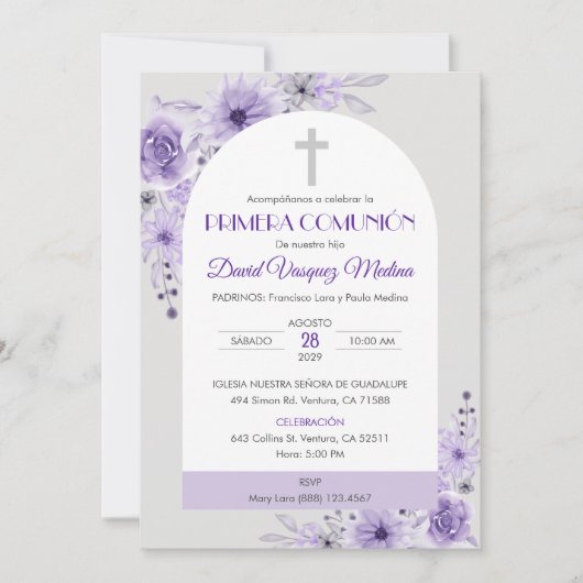 Invitacion Primera Communie Schattigee paarse bloe Kaart (Voorkant)
