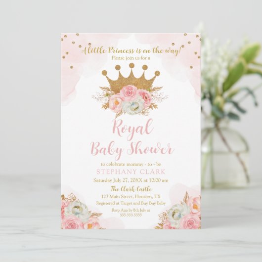 Invitación Princess Floral Pink & Gold Baby Shower Kaart (Staand voorkant)
