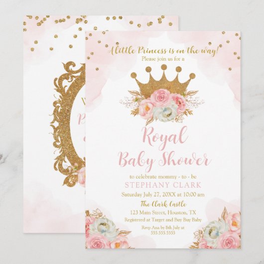 Invitación Princess Floral Pink & Gold Baby Shower Kaart (Voorkant / Achterkant)