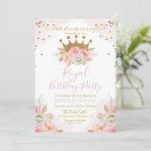 Invitación Prinses Bloemen Roze & Gouden Verjaarda Kaart (Staand voorkant)