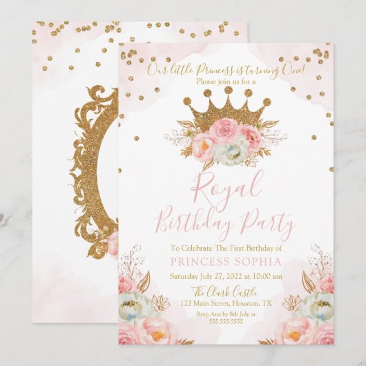 Invitación Prinses Bloemen Roze & Gouden Verjaarda Kaart (Voorkant / Achterkant)