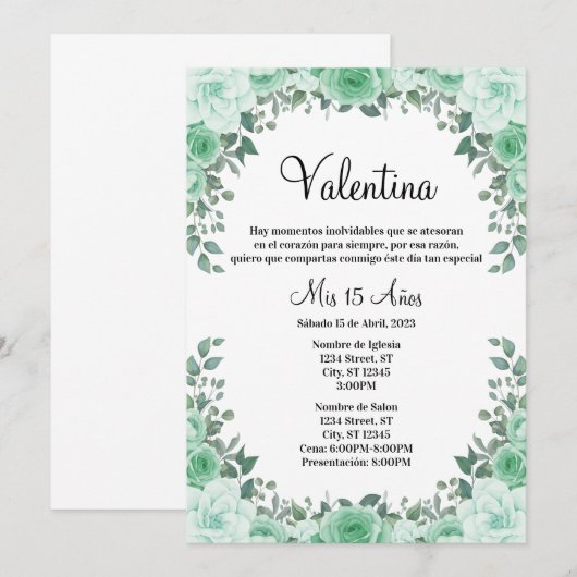 Invitación Quinceaña Kaart (Voorkant / Achterkant)